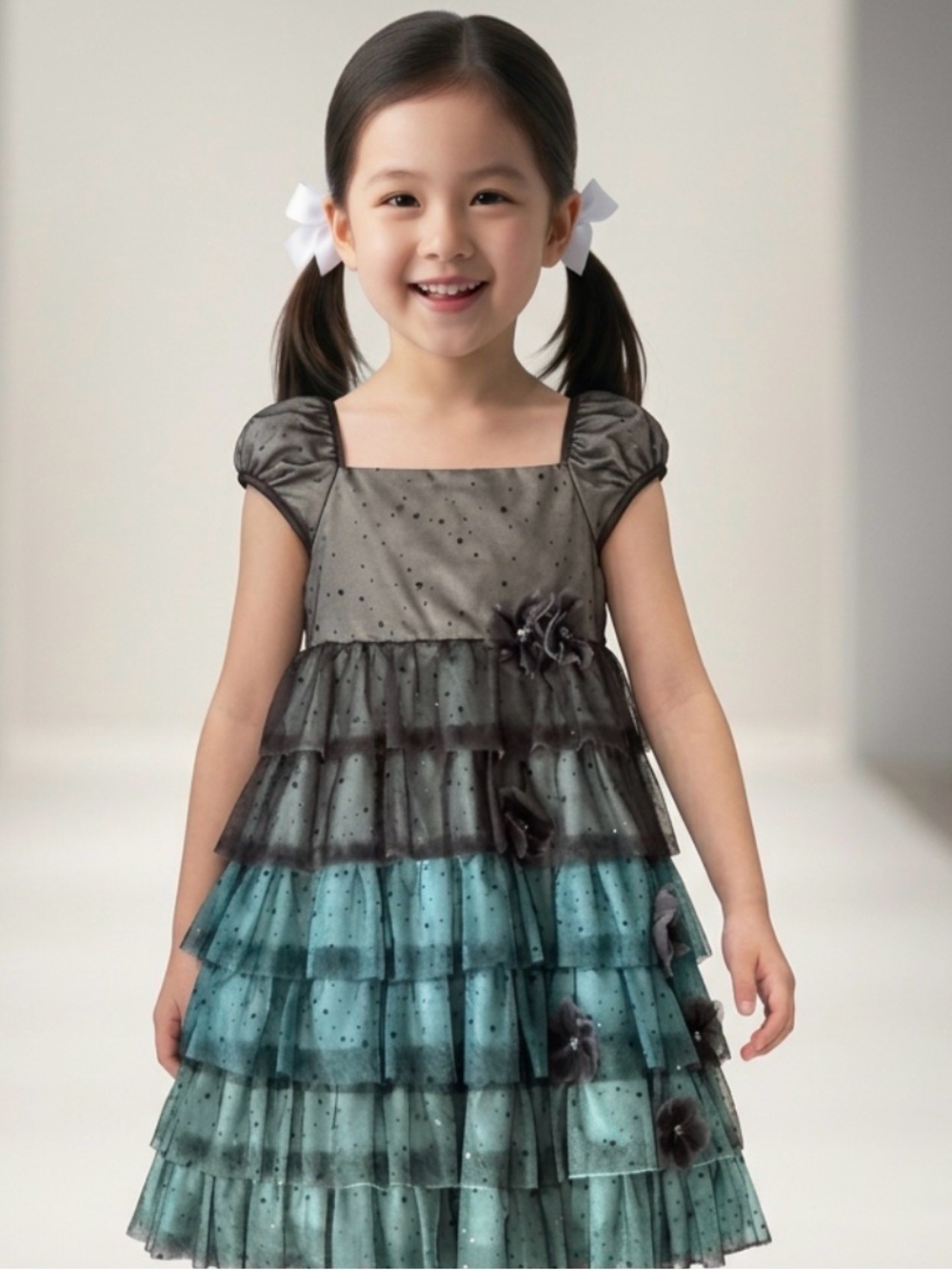 Isobella & Chloe Teal and Charcoal Ruffle Tulle Dress